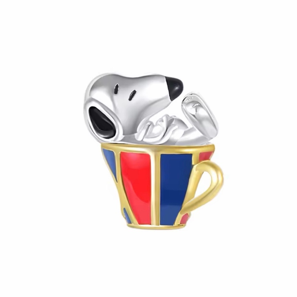 925 Sterling Silver Snoopy In A Cup Peanuts  Charm Bracelet Pendant Minimalist